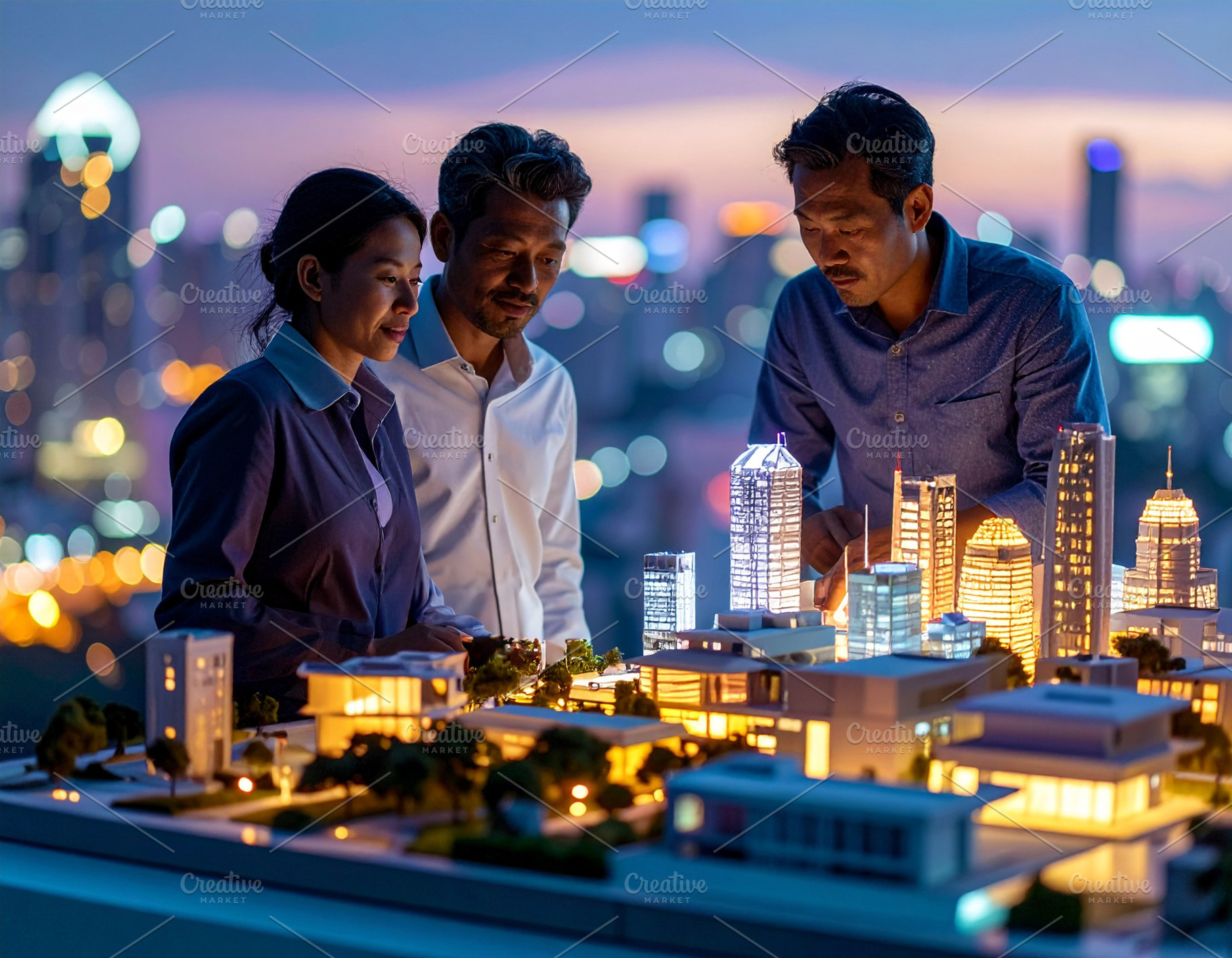 Architects observing futuristic city model on rooftop, a Business Photo by DanFLCreativo