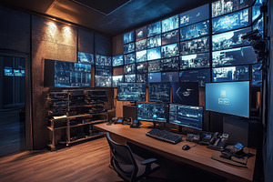High-tech control room with multiple, a Photo by Tanuart