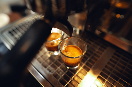 Coffee shot,Coffee machine pouring out espresso shot, a Food & Drink Photo by Art Rachen