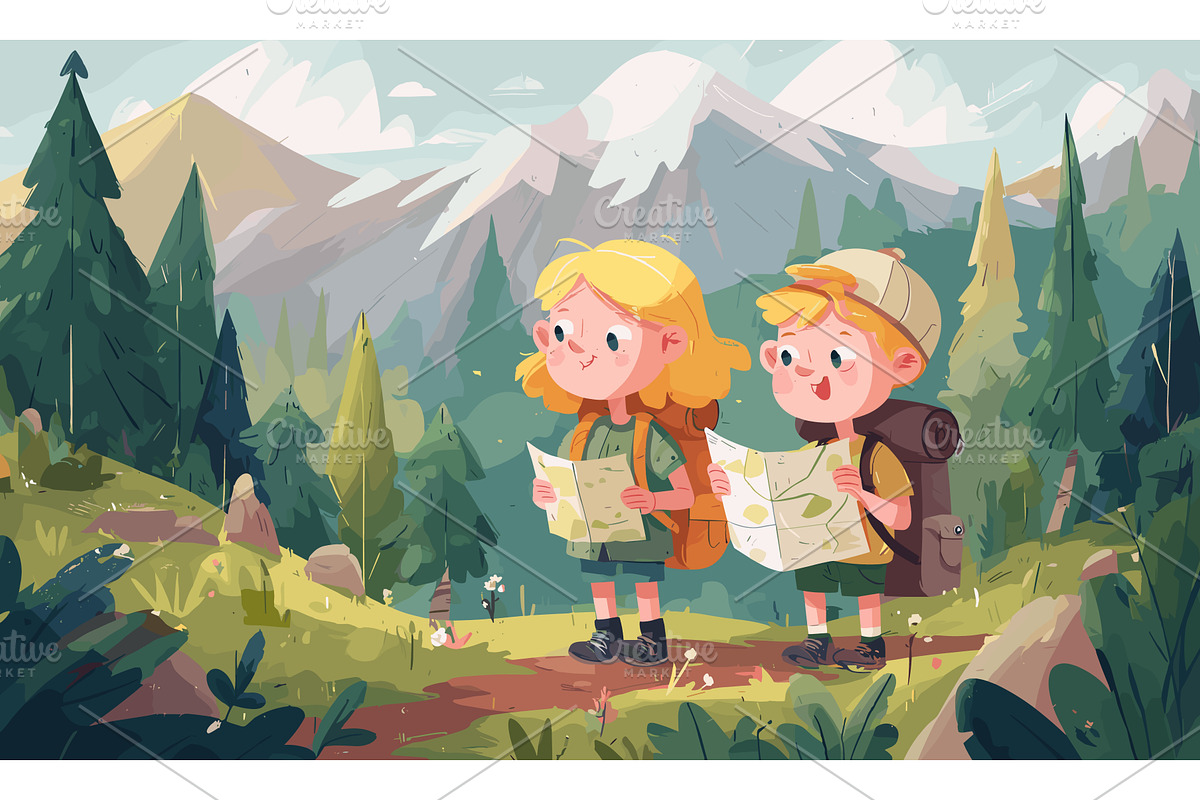 Children hiking background. Cartoon, an Illustration by Stock-Smart-Start