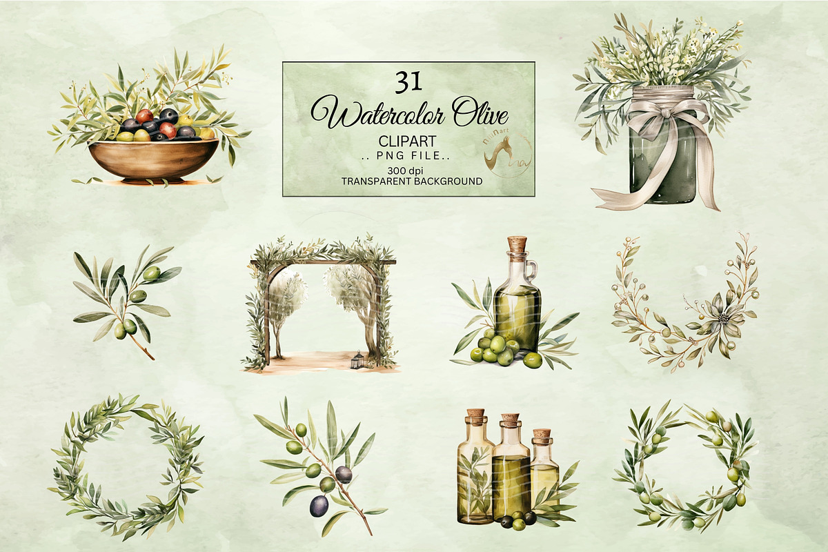 Watercolor Olive Clipart, an Illustration by NiiiNArt (Photo 6 of 7)