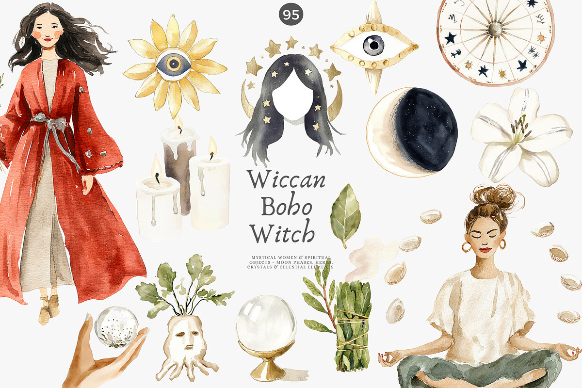 wiccan clipart boho witch png set, a Decorative Illustration by Patishop Art (Photo 1 of 9)