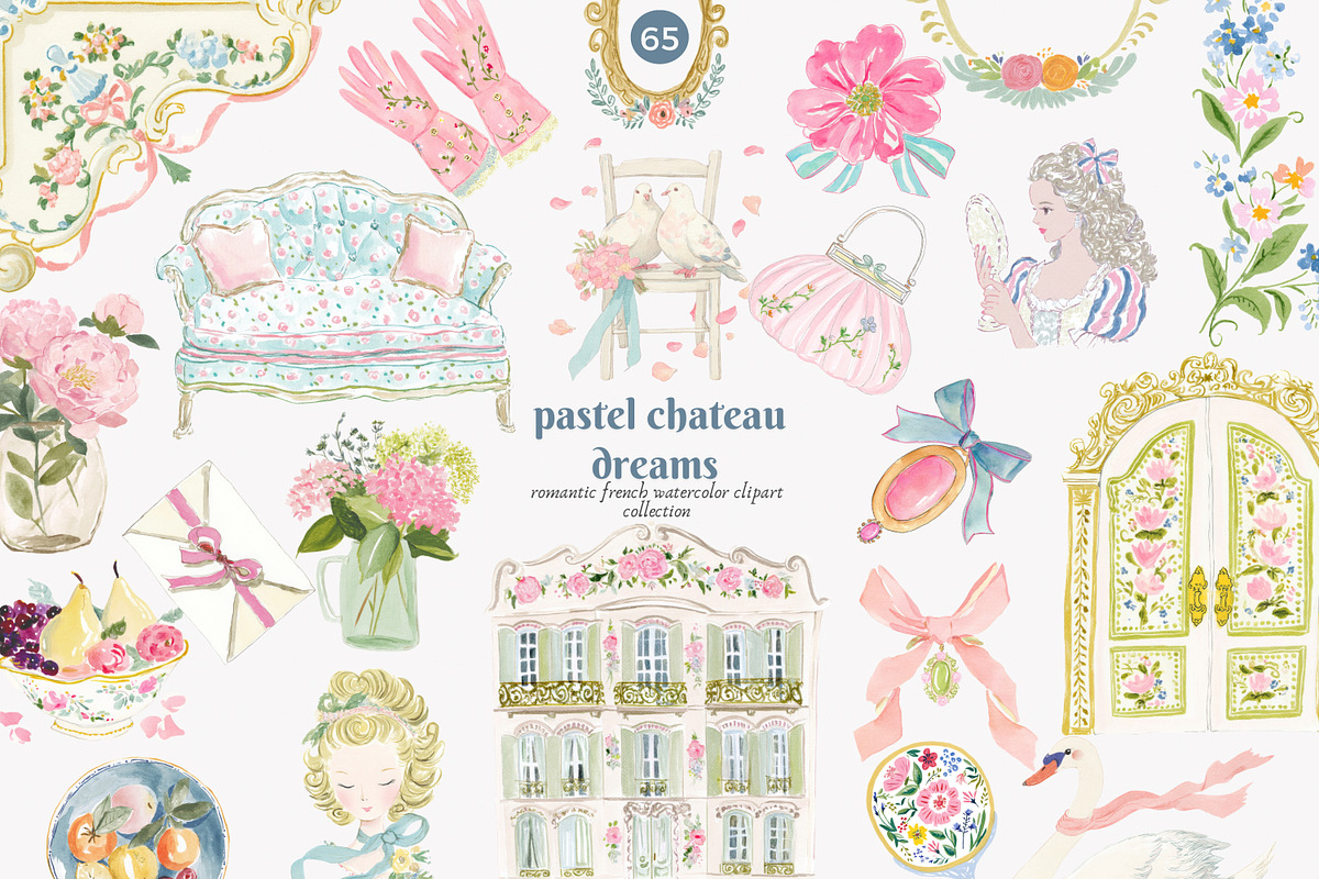 Pastel chateau watercolor clipart, a Decorative Illustration by Patishop Art (Photo 1 of 9)