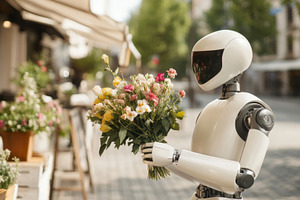Robot carrying flowers in city, a Photo by Dvoevnore photos