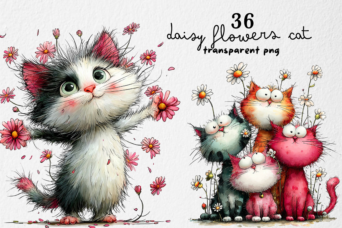 Whimsical Daisy Flowers Cat Clipart, an Illustration by Dream Creation (Photo 1 of 8)