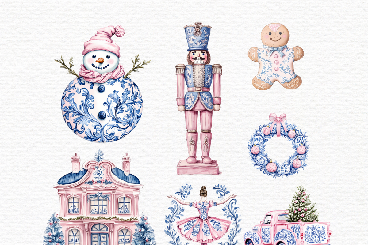 Christmas blue and pink toile, a Seasonal Illustration by Invite to Clipart (Photo 2 of 6)