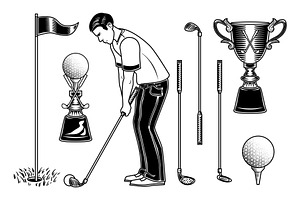 Set Of Golf Player And Equipment