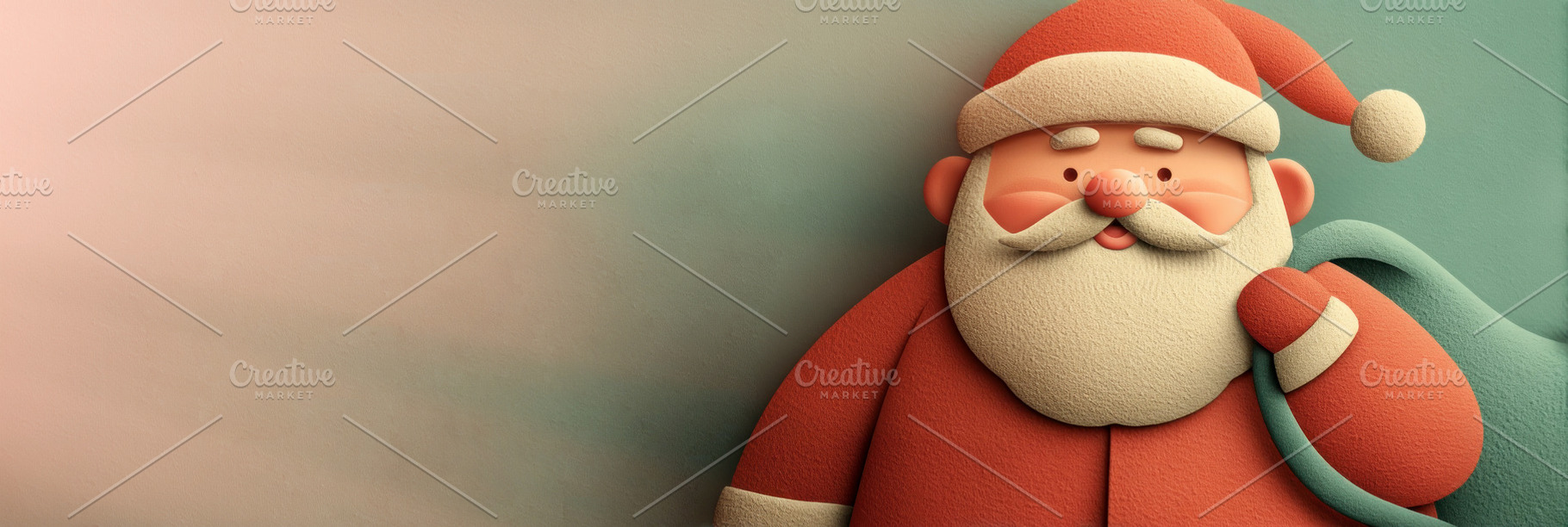 Cute cartoon Santa Claus with gift sack on soft pastel green and, a Holiday Photo by José Manuel Gelpi