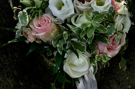 Elegant wedding bouquet with roses and wedding rings outdoors, a Photo by AS photostudio