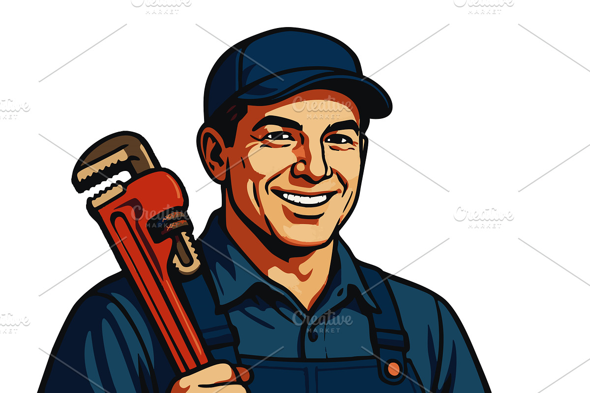 Smiling cartoon plumber holding pipe, an Illustration by AlexArt