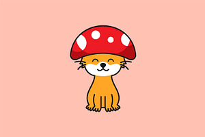 Cute Cat Mushroom Logo Vector Design