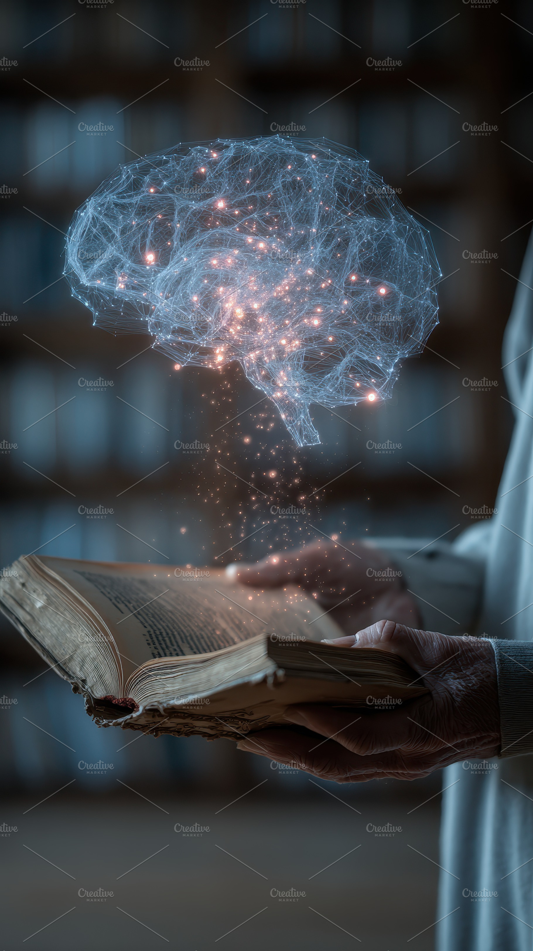 Glowing brain above open book knowle, a Photo by Pixeness Studio