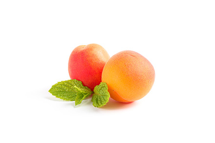Apricots with mint isolated on white background, a Food & Drink Photo by AtlasStudio