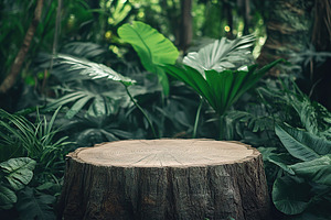 Product display podium made from tree trunk in lush green tropical setting, a Nature Photo by AlyaAnd
