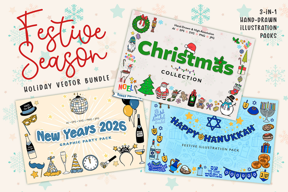 Festive Season Holiday Vector Bundle, a Seasonal Illustration by cugypress (Photo 1 of 8)