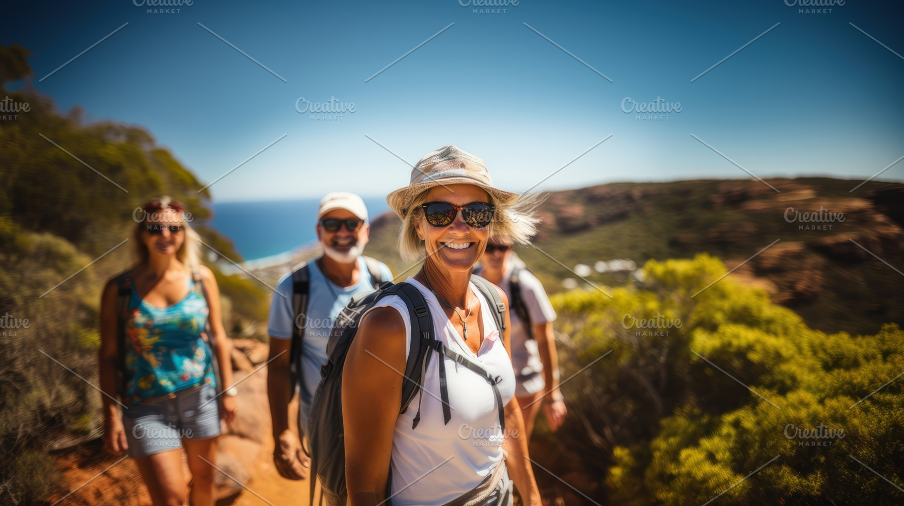 Active Senior Hikers Enjoying a Sunny Day on a Scenic Trail, a Photo by AS photostudio