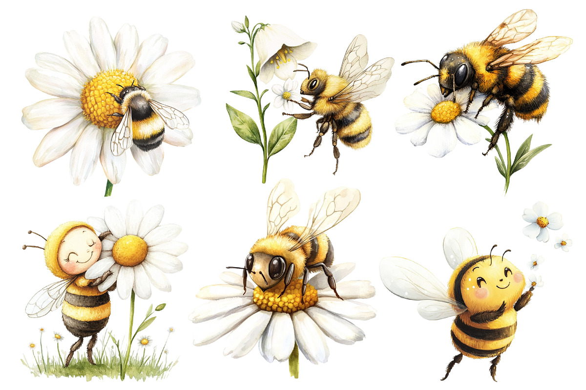 Cute Little Bees Watercolor Clipart, an Illustration by Designworld (Photo 4 of 6)