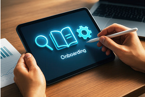 Close-up of hands using a tablet, a Technology Illustration by Sergey Kotenev