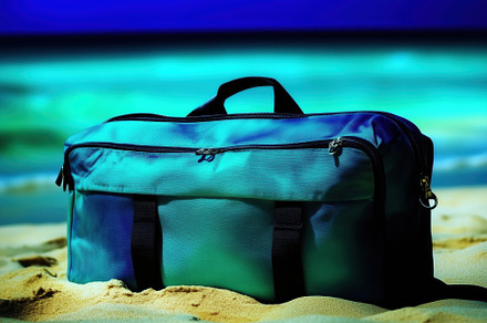 A stylish duffel bag resting on the sandy beach with a beautiful ocean backdrop, an Arts & Entertainment Photo by Textures & Backgrounds