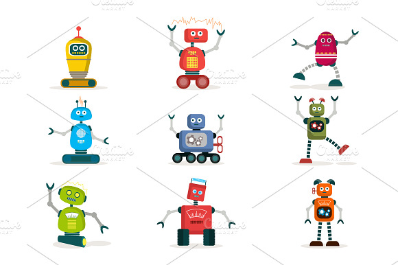 Set Of Colorful Robots Flat Icons.