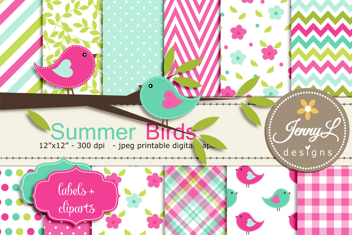 Summer Birds Digital Paper Clipart, a Pattern Graphic by JennyL Designs (Photo 1 of 3)