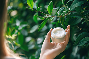 Female model hand holding cosmetic jar on green leaves backgroun, a Beauty & Fashion Photo by AlyaAnd
