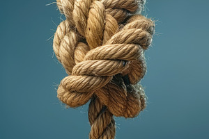 Vertical rope knot hanging under tension on blue background symb, an Abstract Photo by José Manuel Gelpi