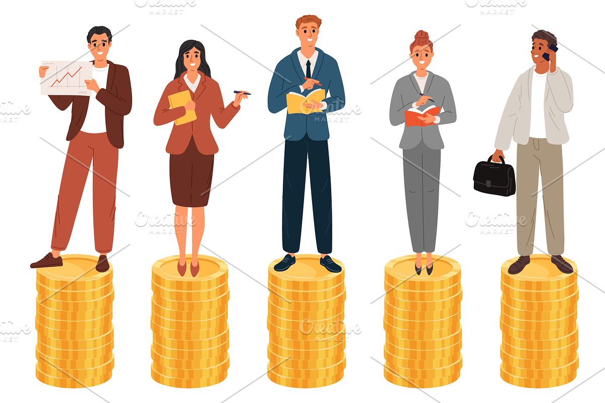 Men and women standing on stacks of, a Finance Illustration by Vectorbuum