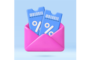 3D discount coupons in pink envelope, a Finance Illustration by ModVector