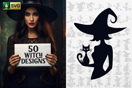50 Halloween Witch SVG Designs, a Person Illustration by pixaroma