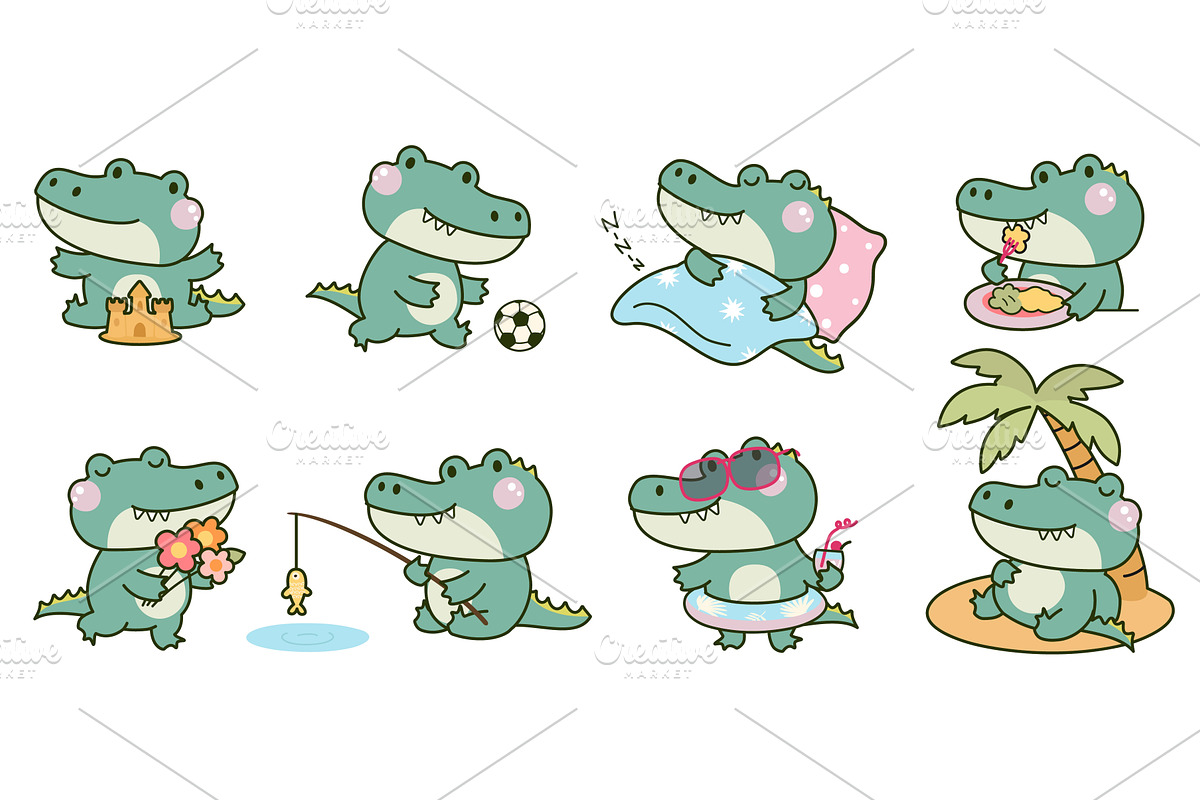 Funny cartoon crocodiles. Kawaii, an Animal Illustration by Valerie Bodnar