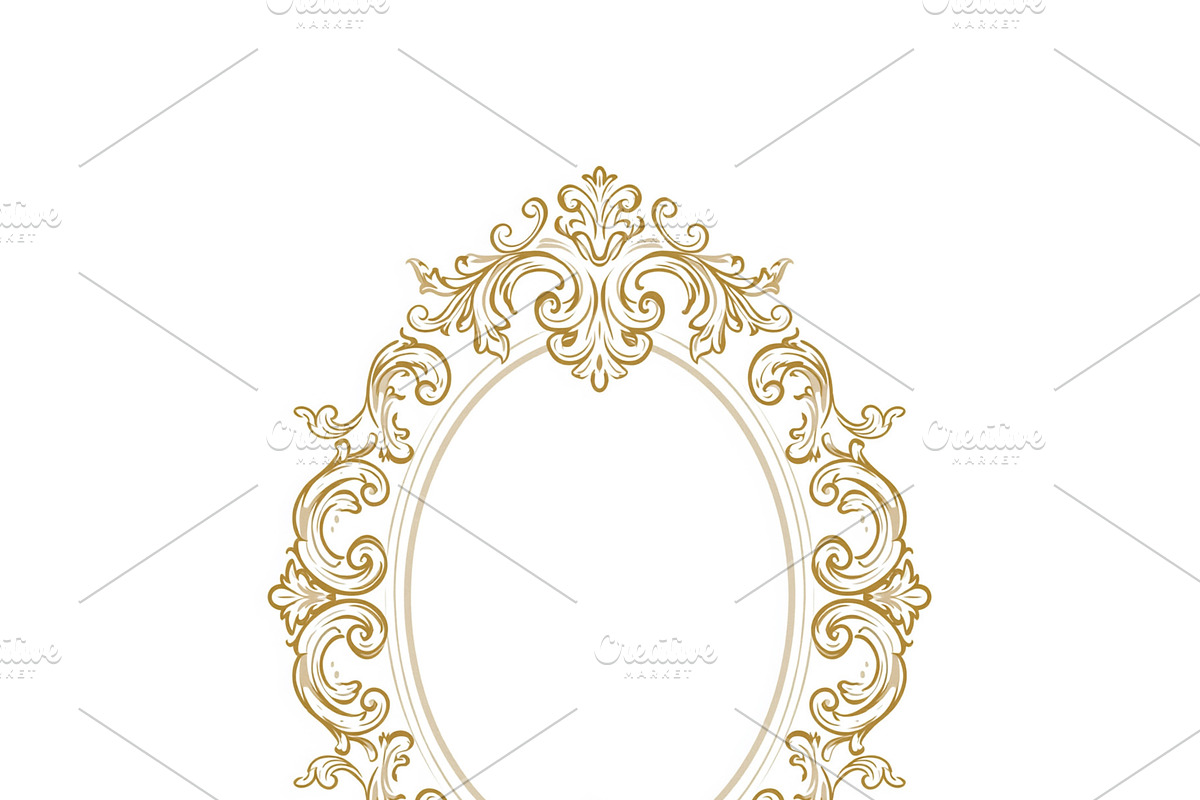 Oval golden baroque frame with decorative rococo scrollwork border for luxury d, an Illustration by Studio ANNA