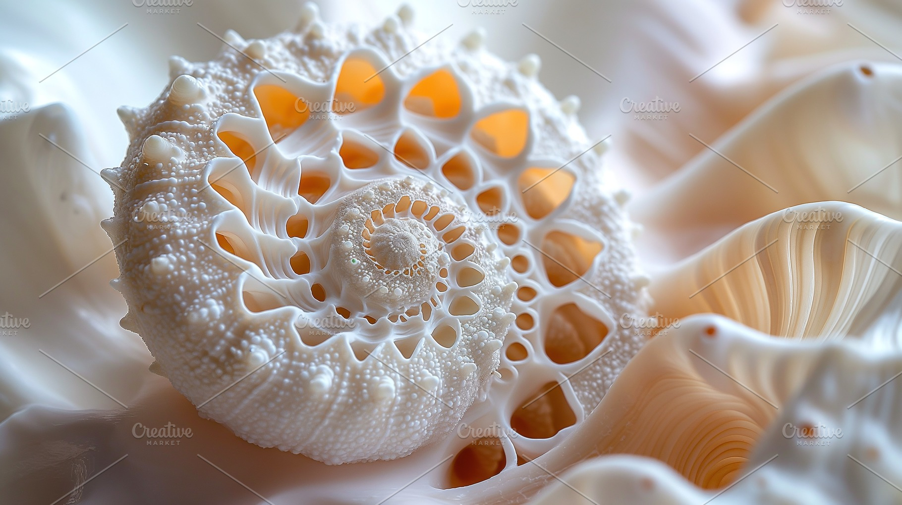 Close-up of a delicate white seashell with intricate patterns on a soft, wavy b, a Background Photo by ImageMir