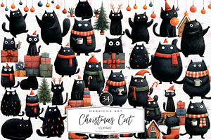 Quirky Christmas Cat Clipart, an Illustration by Markicha Art