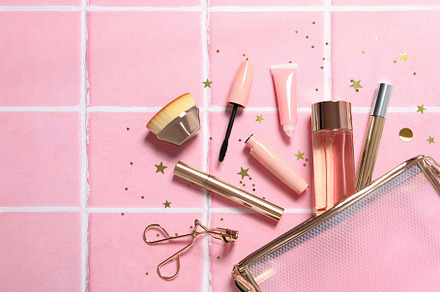 Concept of female accessories, different cosmetics, space for te, a Beauty & Fashion Photo by AtlasStudio PRO