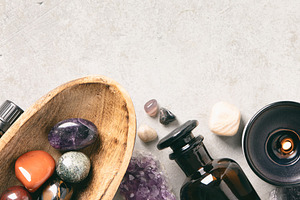Wellness and Spa Setup with Crystals, Oils, and Candles, a Health & Medical Photo by Natalia Klenova's Shop