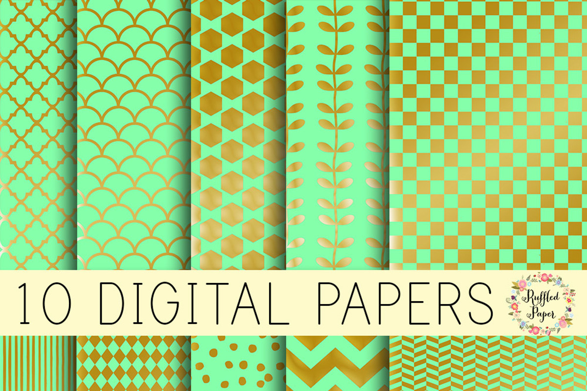 Mint and Metallic Digital Paper Pack
