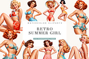 Retro Summer girl Clipart Bundle, a Person Illustration by BusyDaydesign (Thumbnail 1 of 9)