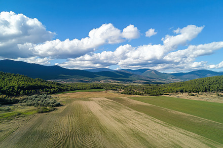 Expansive aerial view of lush fields, a Photo by Iftikhar Alam