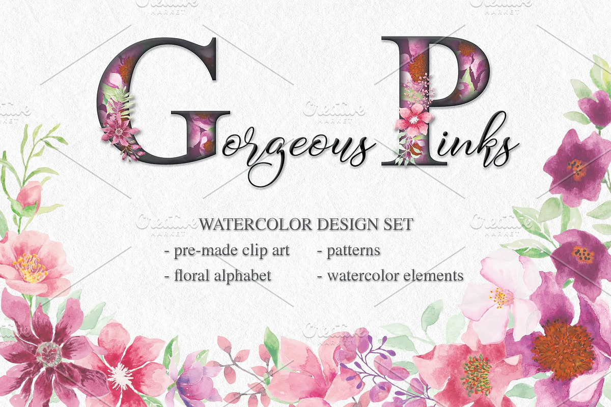 Gorgeous pinks watercolor design set, a Work Illustration by fashionaddict (Photo 1 of 11)