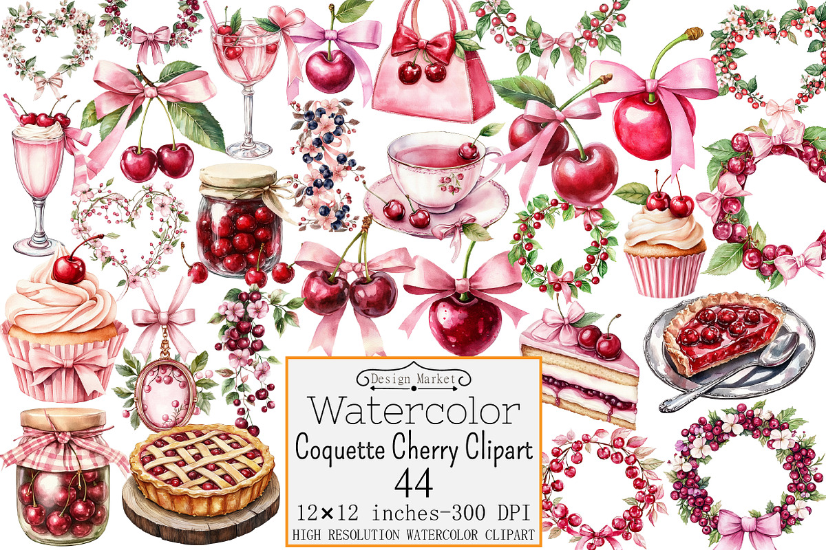 Watercolor Coquette Cherry Clipart, a Seasonal Illustration by Design Market (Photo 1 of 4)