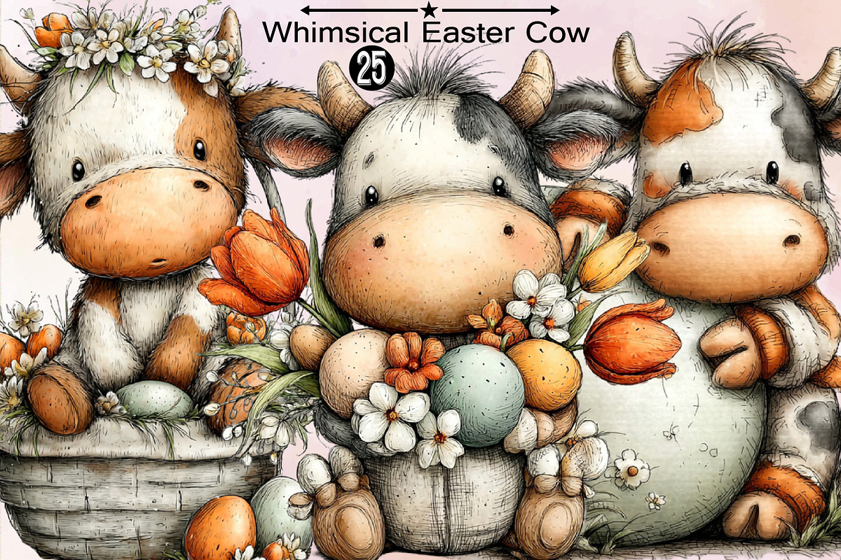 Whimsical Easter Cow Clipart Bundle, an Illustration by SVGArt (Photo 1 of 7)