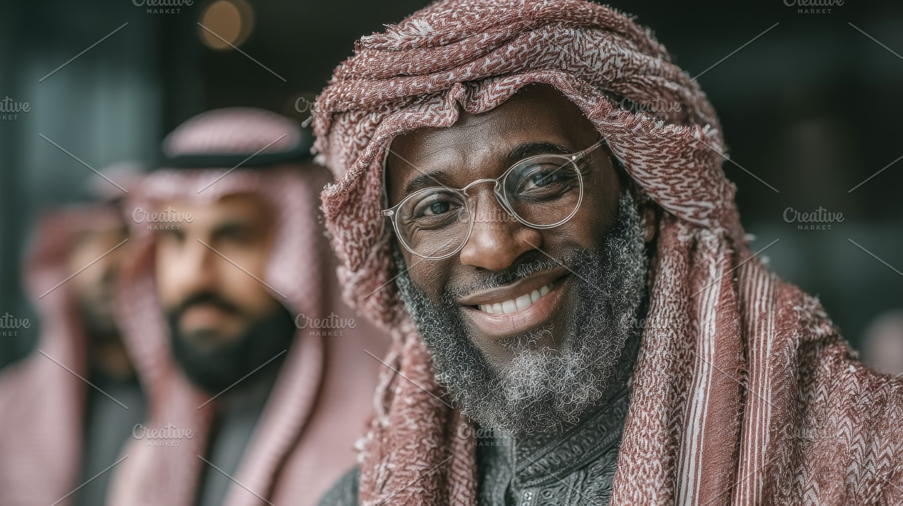Smiling arab man in traditional attire, showcasing happiness and cultural pride, a Photo by AS photostudio