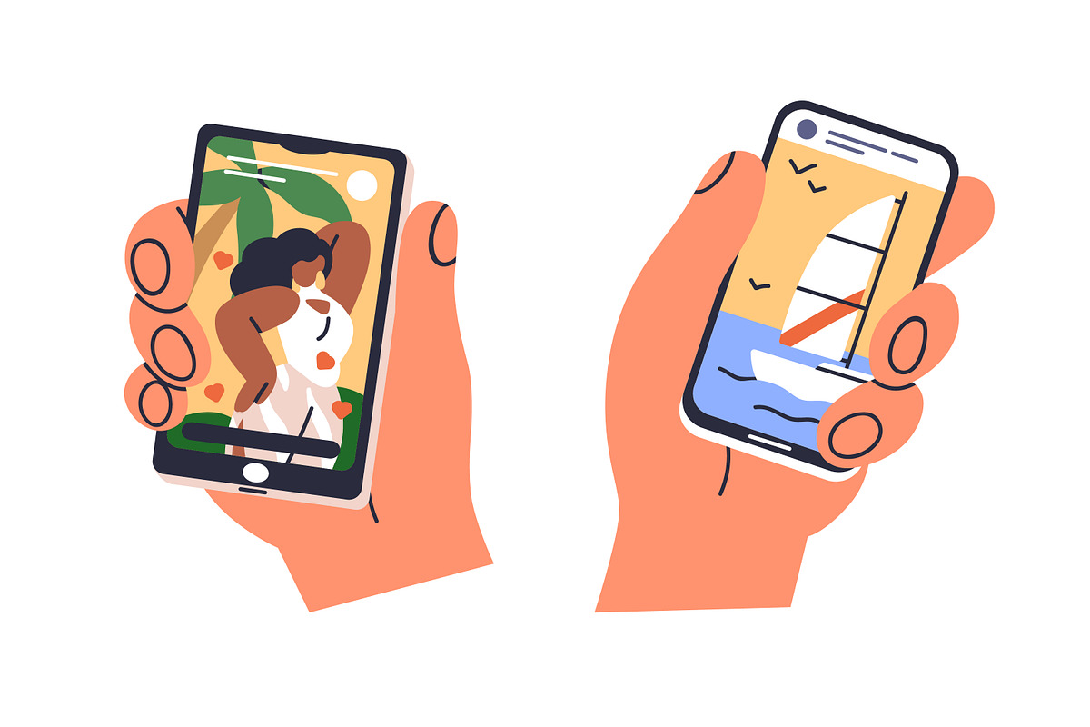 Hands hold phones with online videos, a Technology Illustration by Good Studio (Photo 3 of 9)