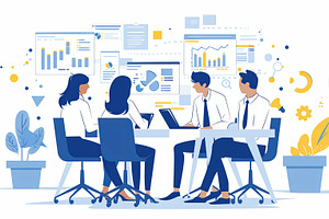 Team collaboration in a modern office setting with data presentation visuals, a Photo by AS photostudio