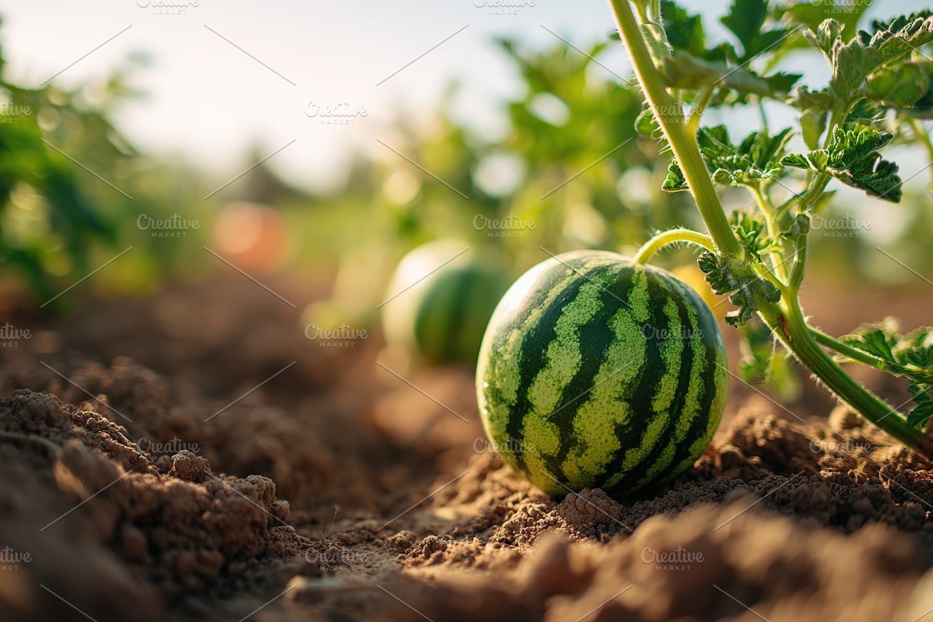 Whole green watermelon growing in a farm field under a bright sky, a Food & Drink Photo by AlyaAnd
