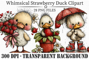 Whimsical Strawberry Duck Clipart, an Animal Illustration by Libby Wishes