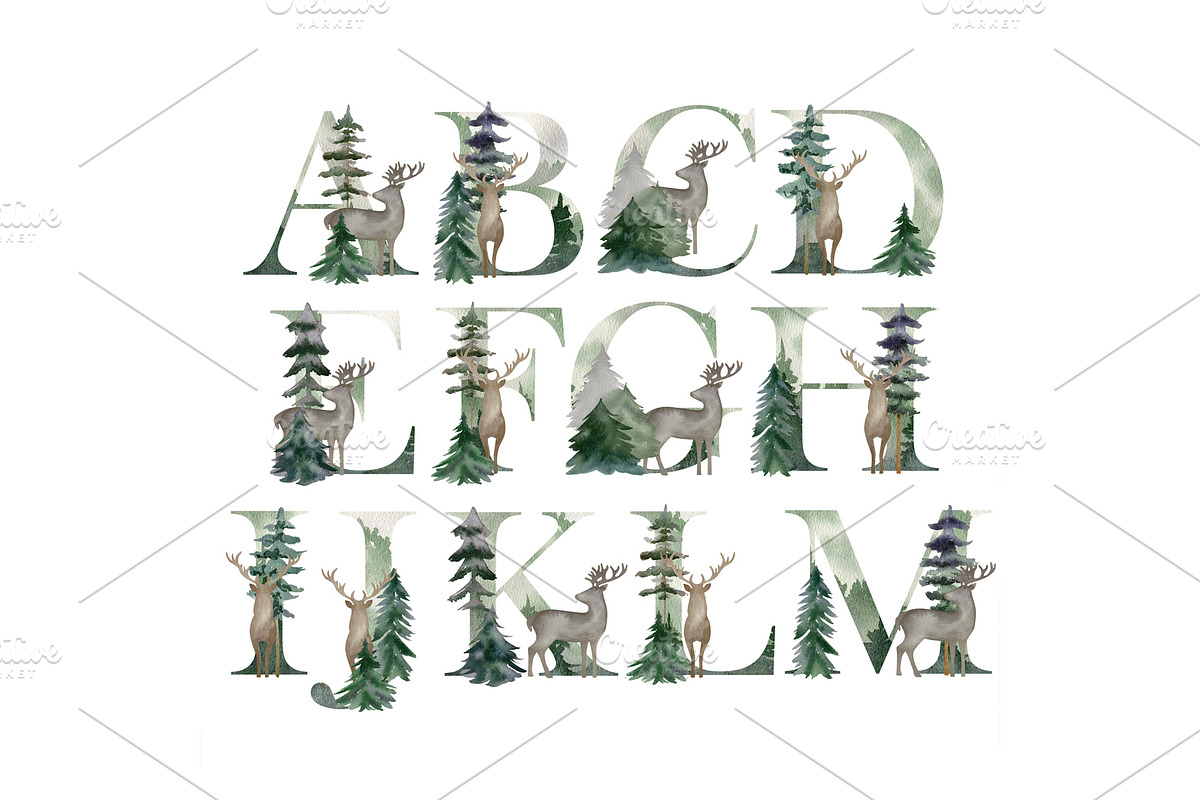 Watercolor forest deers alphabet., a Decorative Illustration by TaPilipa (Photo 2 of 4)