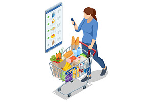 Isometric Woman with Grocery Cart