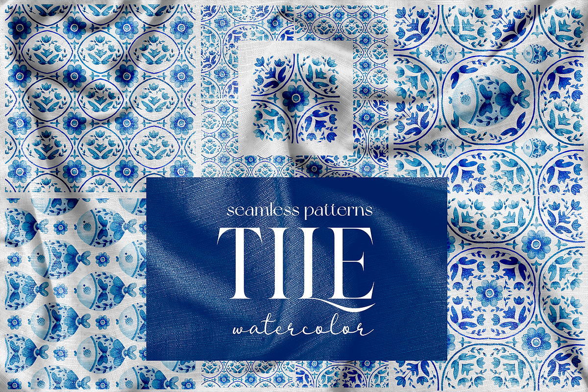 Watercolor blue tile patterns, a Decorative Illustration by Ojeny shop (Photo 6 of 8)